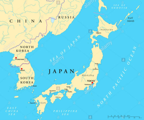 North Korea, South Korea, China, Japan, sea, map