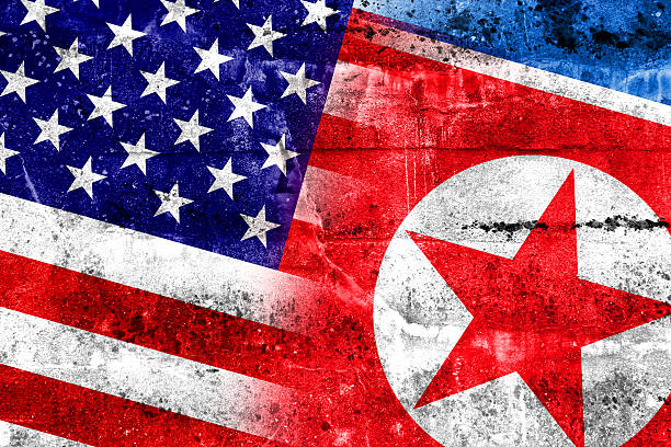 US flag, North Korea flag, America, USA, flag, North Korea